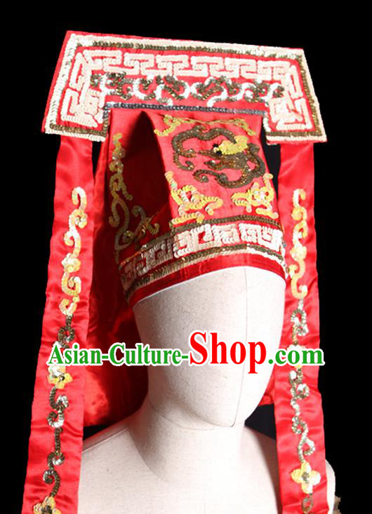 Chinese Handmade Chaozhou Opera Official Headwear Beijing Opera Takefu Red Hat Ancient Imperial Bodyguard Headdress