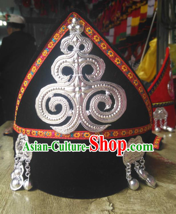China Liangshan Ethnic Group Girl Headwear Handmade Silver Tassel Black Hat Yi Minority Children Dance Headdress