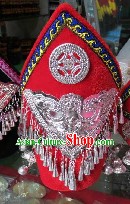 China Liangshan Ethnic Group Girl Dance Headwear Handmade Silver Tassel Red Hat Yi Minority Children Festival Headdress