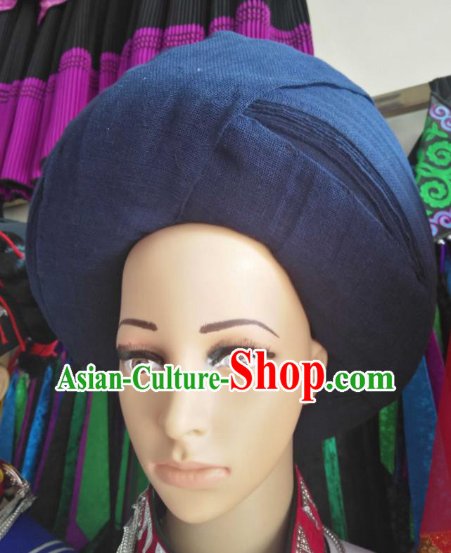 China Yi Minority Country Woman Headdress Liangshan Ethnic Group Female Headwear Handmade Navy Flax Circular Hat