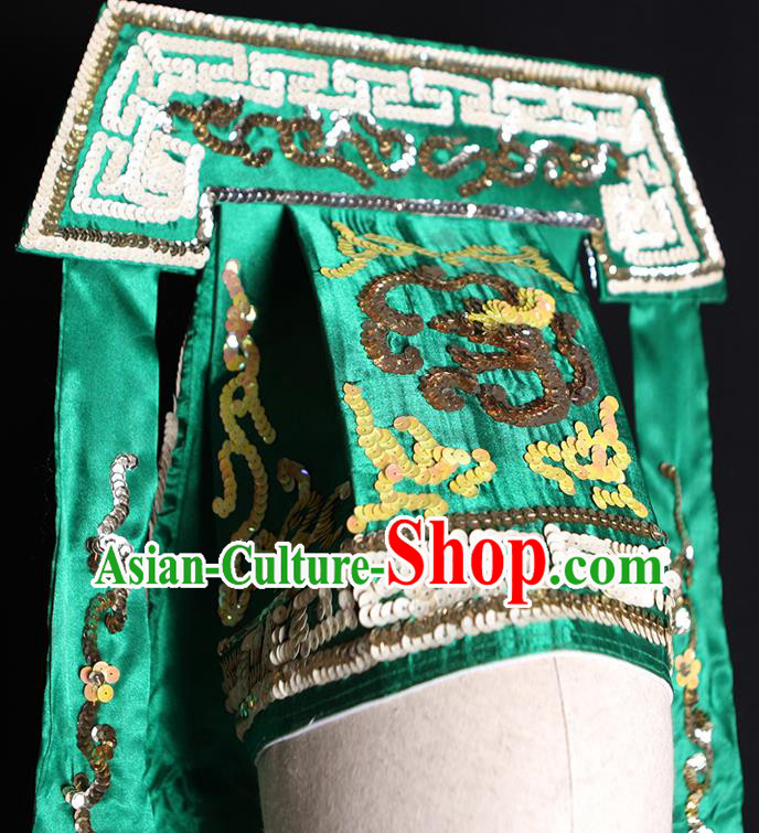 Chinese Ancient Imperial Bodyguard Headdress Handmade Chaozhou Opera Official Headwear Beijing Opera Takefu Green Hat