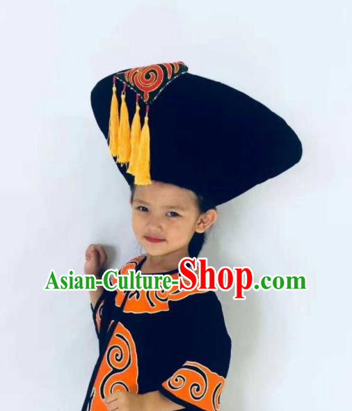 China Handmade Black Circular Cone Hat Yi Minority Folk Dance Headdress Liangshan Ethnic Group Bamboo Headwear