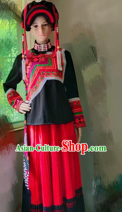 Chinese Liangshan National Minority Woman Uniforms Yi Nationality Folk Dance Costumes Ethnic Festival Performance Clothing