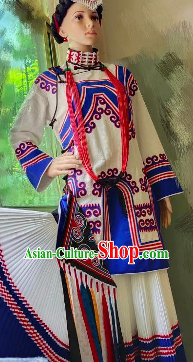 Chinese Ethnic Festival Performance Clothing Liangshan National Minority Woman White Uniforms Yi Nationality Folk Dance Costumes