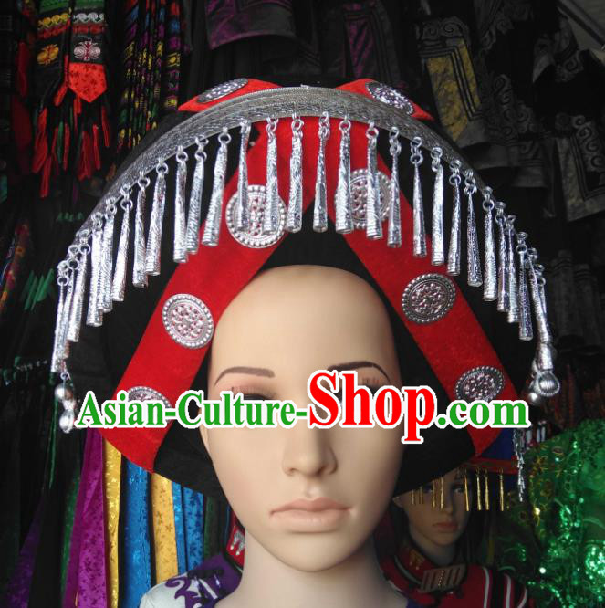 China Handmade Silver Tassel Circular Hat Yi Minority Wedding Headdress Liangshan Ethnic Group Bride Headwear