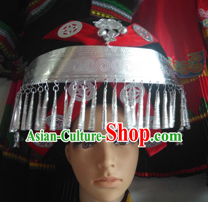 China Liangshan Ethnic Group Bride Headwear Handmade Silver Tassel Circular Hat Yi Minority Wedding Headdress