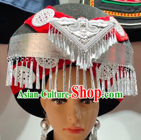 China Handmade Silver Tassel Circular Hat Yi Minority Festival Headdress Liangshan Ethnic Group Wedding Bride Headwear