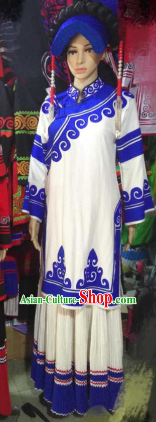 Chinese Yi Nationality Woman Costumes Ethnic Festival Clothing Liangshan National Minority Wedding White Uniforms