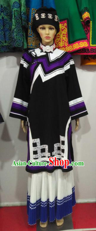 Chinese Liangshan National Minority Female Black Uniforms Yi Nationality Folk Dance Costumes Ethnic Festival Dance Clothing