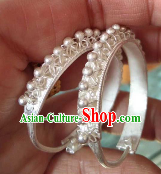 Chinese Handmade Yi Nationality Carving Ear Accessories Yi Minority Silver Jewelry Liangshan Ethnic Folk Dance Earrings
