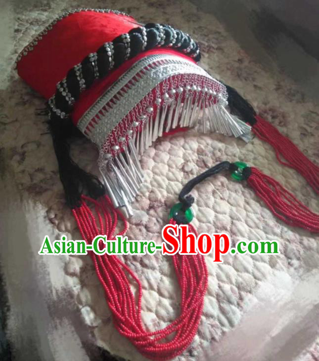 China Yi Nationality Female Headdress Handmade Minority Red Tile Hat Liangshan Ethnic Group Folk Dance Headwear