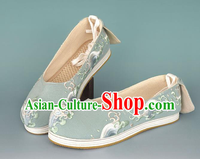 China Ancient Princess Shoes Traditional Hanfu Shoes Green Embroidered Shoes Handmade Cloth Shoes