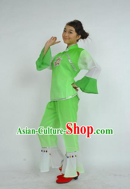 China Woman Yangko Dance Clothing Fan Dance Costumes Drum Dance Garments Folk Dance Green Uniforms
