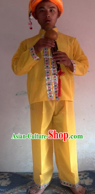 China Yunnan Minority Male Costumes Dai Nationality Folk Dance Clothing Ethnic Cucurbit Flute Performance Yellow Outfits