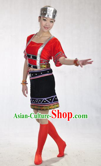 Chinese Wa Ethnic Dance Red Uniforms Yunnan National Minority Dance Dress Va Nationality Performance Garment Costumes