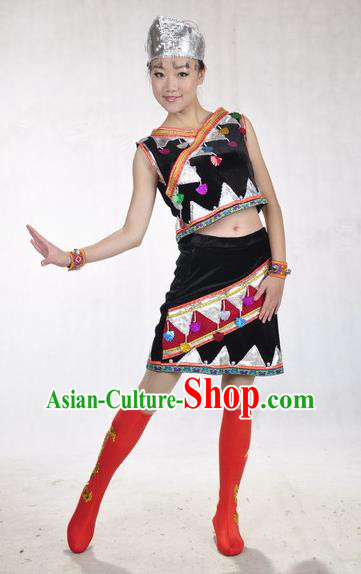 Chinese Va Nationality Performance Garment Costumes Wa Ethnic Dance Black Uniforms Yunnan National Minority Dance Dress