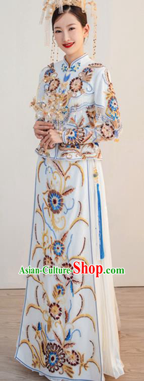 Chinese Classical White Xiuhe Suits Ceremony Toasting Clothing Traditional Wedding Garment Costumes Ancient Bride Dress