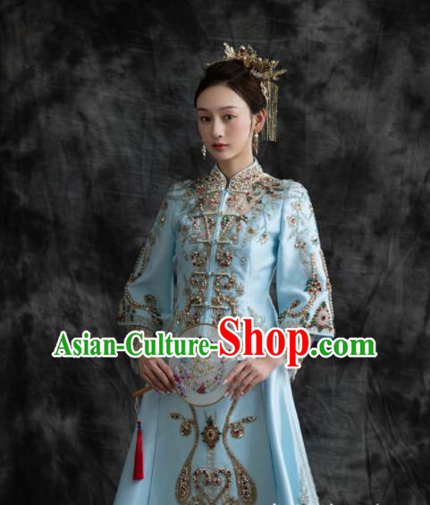 Chinese Traditional Wedding Garment Costumes Ancient Bride Light Blue Dress Classical Embroidery Beads Xiuhe Suits Ceremony Toasting Clothing