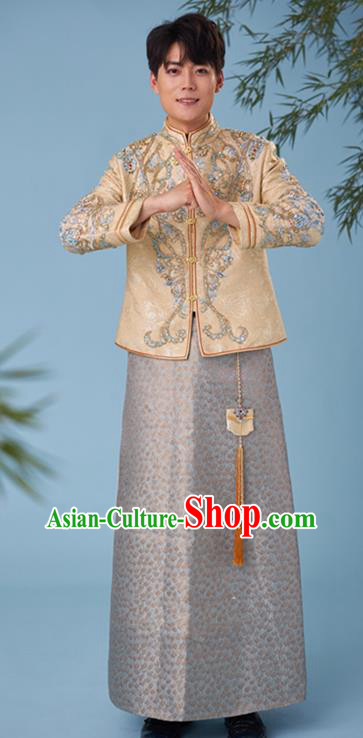 China Ancient Bridegroom Clothing Traditional Wedding Garment Costumes Male Tang Suits Golden Mandarin Jacket and Grey Long Robe
