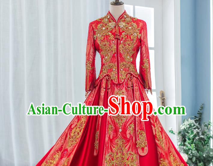 Chinese Classical Embroidered Red Xiuhe Suits Traditional Ceremony Clothing Wedding Toasting Garment Costumes Ancient Bride Dress