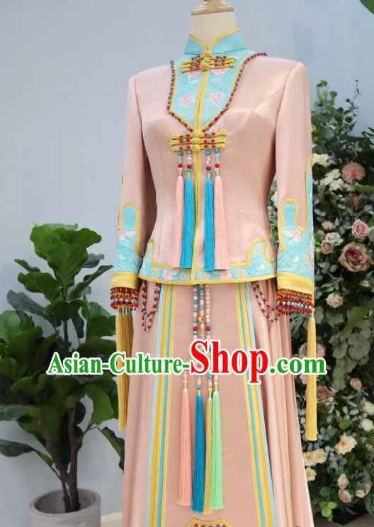 Chinese Ancient Bride Garment Costumes Classical Pink Xiuhe Suits Traditional Embroidered Hanfu Dress Wedding Toasting Clothing
