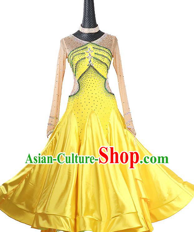 Professional Woman Waltz Dance Garment Ballroom Dance Fashion Costume Modern Dance Yellow Dress International Dance Competition Clothing