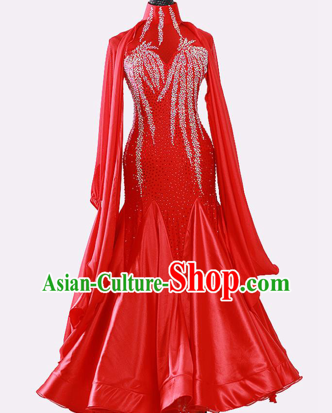 Professional International Dance Competition Clothing Woman Waltz Dance Garment Ballroom Dance Fashion Costume Modern Dance Red Dress