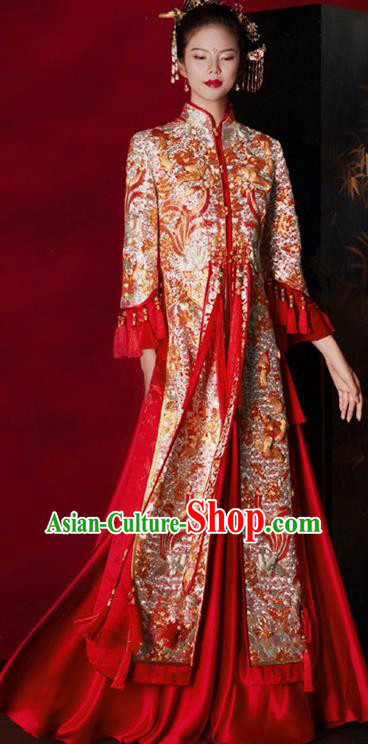 Chinese Wedding Toasting Clothing Ancient Bride Garment Costumes Classical Red Xiuhe Suits Traditional Embroidered Hanfu Dress