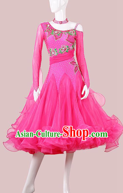 Professional Waltz Performance Clothing Ballroom Dancing Rosy Dress International Dance Competition Garment Modern Dance Fashion