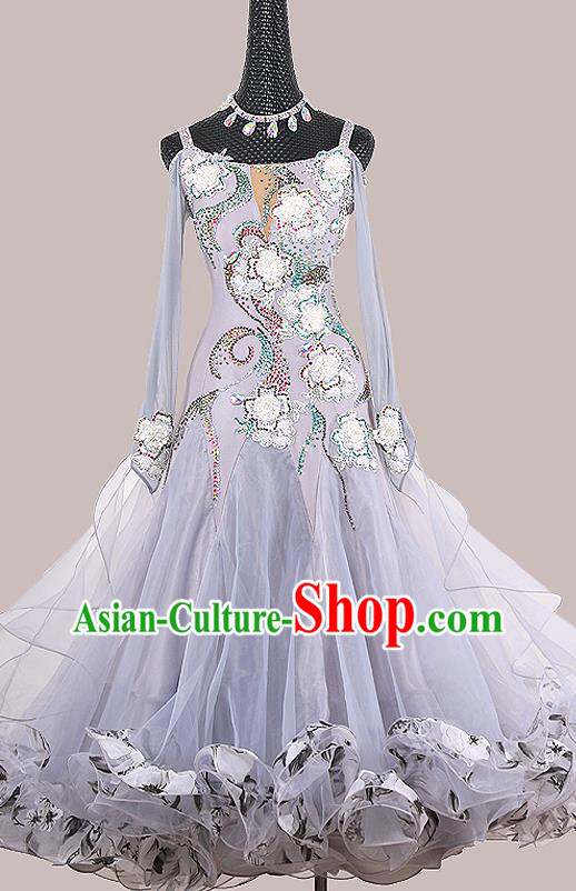 Custom Ballroom Dancing Grey Dress International Dance Competition Clothing Modern Dance Fashion Waltz Performance Garment
