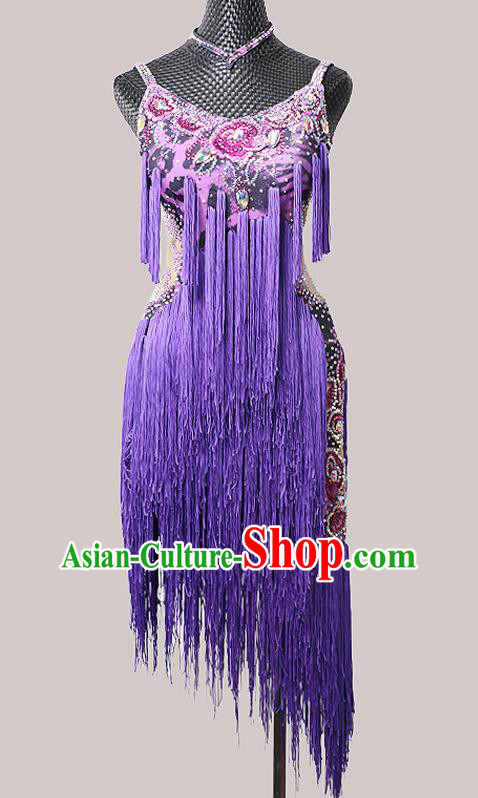 Top Ballroom Dance Fashion Latin Dance Costume Cha Cha Dance Purple Tassel Dress Modern Dance Competition Clothing