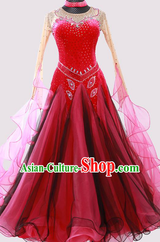 Custom Waltz Dancewear Modern Dance Fashion Garment International Dance Wine Red Pleuche Dress Ballroom Dancing Clothing