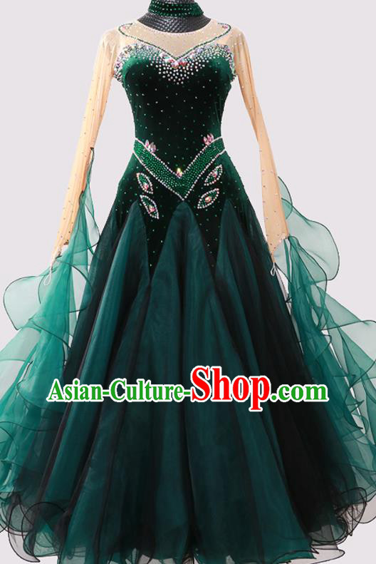 Custom International Dance Atrovirens Pleuche Dress Ballroom Dancing Clothing Waltz Dancewear Modern Dance Fashion Garment