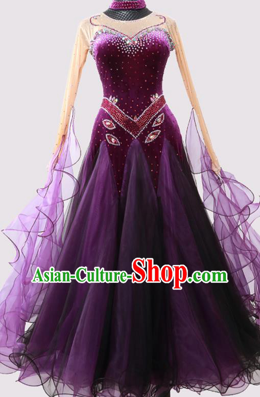 Custom Modern Dance Fashion Garment International Dance Purple Pleuche Dress Ballroom Dancing Clothing Waltz Dancewear