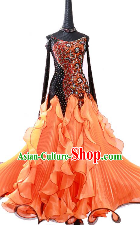 Custom Modern Dance Clothing International Dance Fashion Garment Waltz Dancing Orange Dress Ballroom Competition Dancewear