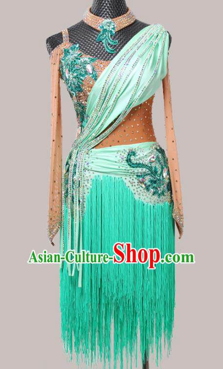 Top Modern Dance Competition Clothing Ballroom Dance Fashion Latin Dance Costume Cha Cha Dance Green Tassel Dress
