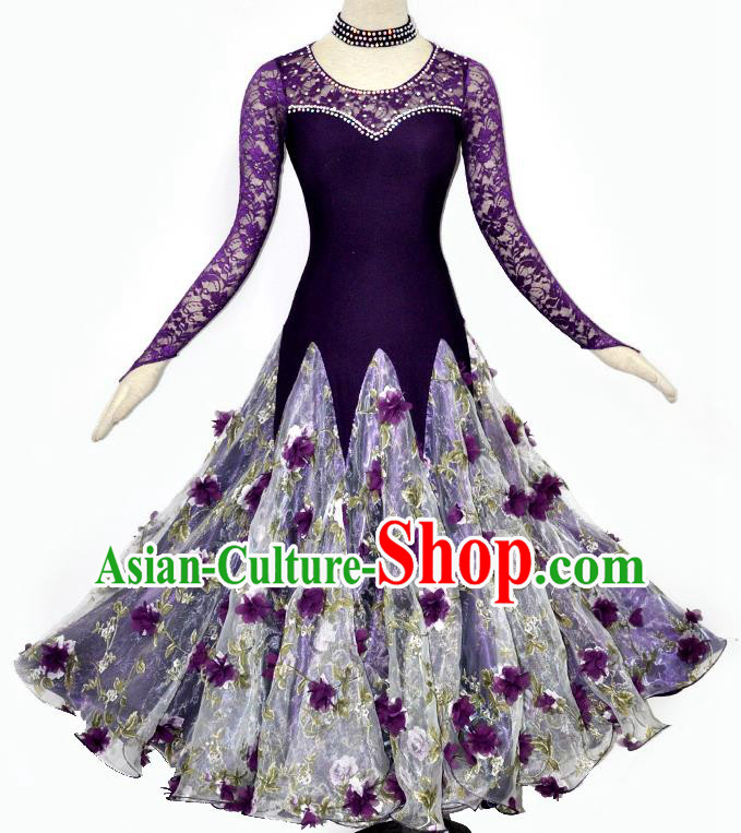 Custom Woman Waltz Training Dancewear Ballroom Dancing Purple Lace Dress Modern Dance Clothing International Dance Garment