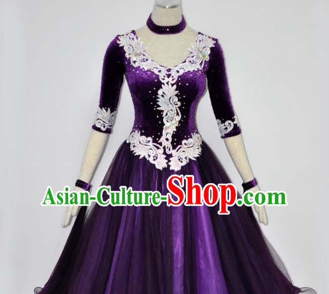 Custom Modern Dance Clothing International Dance Garment Woman Waltz Training Dancewear Ballroom Dancing Purple Pleuche Dress