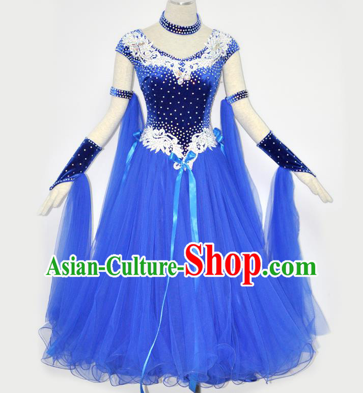 Custom International Dance Garment Woman Waltz Training Dancewear Ballroom Dancing Blue Pleuche Dress Modern Dance Clothing
