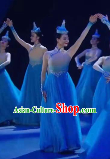 Chinese Mongolian Minority Dance Outfits Ethnic Stage Performance Garment Costume Mongol Nationality Group Dance Blue Dress Clothing