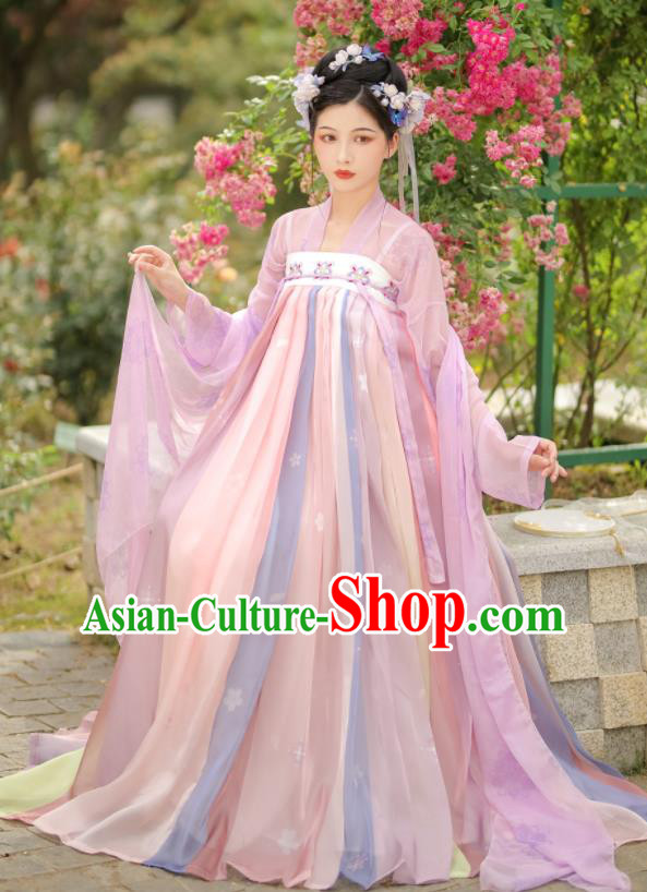 China Tang Dynasty Palace Princess Clothing Traditional Garment Costumes Ancient Young Beauty Pink Hanfu Dress
