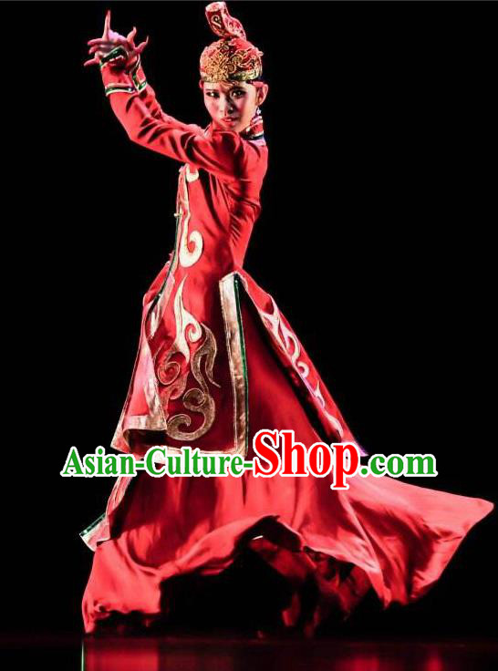 Chinese Mongolian Nationality Folk Dance Clothing Mongol Minority Woman Red Dress Uniforms Ethnic Performance Garment Costumes