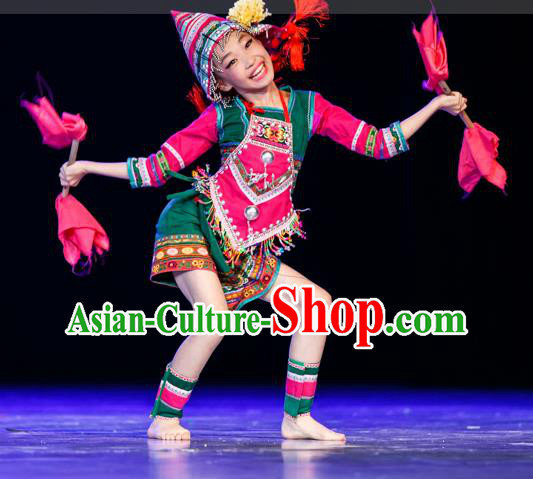Chinese Jino Minority Performance Garment Costumes Jinuo Nationality Folk Dance Clothing Ethnic Children Green Uniforms