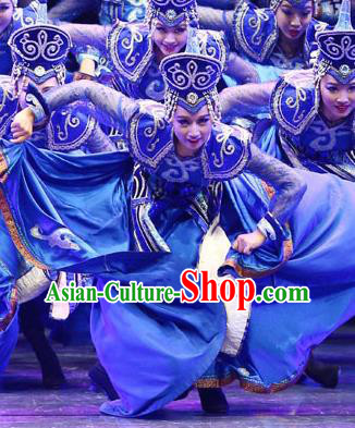 Chinese Mongolian Minority Performance Garment Costumes Mongol Nationality Dance Clothing Ethnic Folk Dance Blue Dress Uniforms