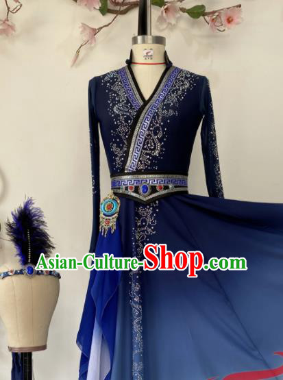 Chinese Ethnic Folk Dance Blue Dress Uniforms Mongolian Minority Performance Garment Costumes Mongol Nationality Woman Clothing