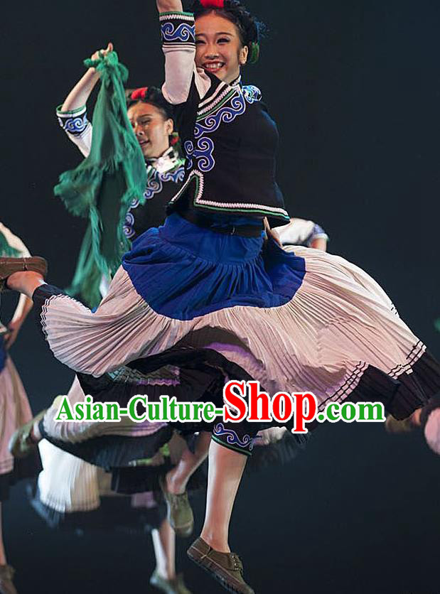 Chinese Ethnic Stage Performance Dress Uniforms Xiangxi Minority Female Garment Costumes Tujia Nationality Folk Dance Clothing