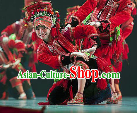 Chinese Yi Nationality Folk Dance Clothing Ethnic Wedding Bride Red Dress Uniforms Xiangxi Minority Performance Garment Costumes