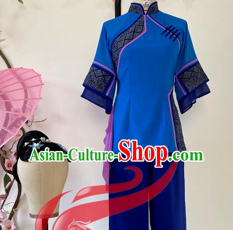 China Folk Dance Deep Blue Outfits Woman Group Dance Fashions Yangko Dance Uniforms Fan Dance Costumes