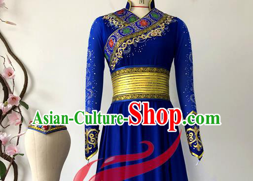 Chinese Mongol Minority Performance Garment Costumes Mongolian Nationality Woman Dance Clothing Ethnic Dance Royalblue Dress Uniforms