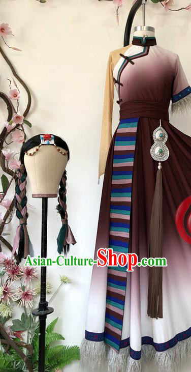 Chinese Ethnic Dance Brown Dress Uniforms Zang Minority Performance Garment Costumes Tibetan Nationality Woman Dance Clothing